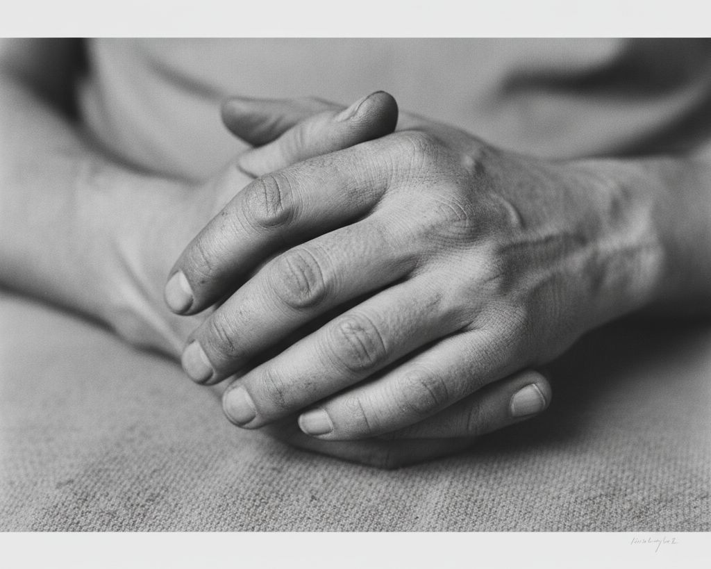 A close study of two clasped hands resting in a lap