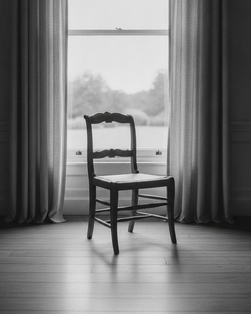 An empty wooden chair set before a curtained window, soft daylight beyond