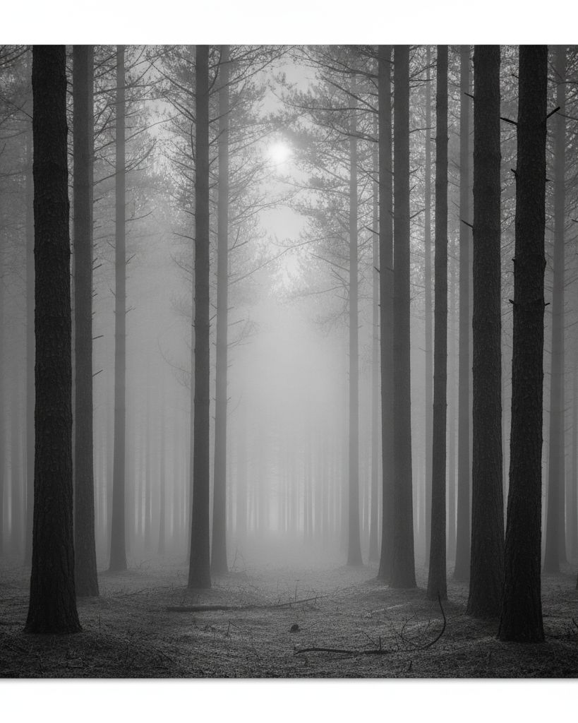 A misty pine forest, tall bare trunks receding into fog, a pale sun glowing between them
