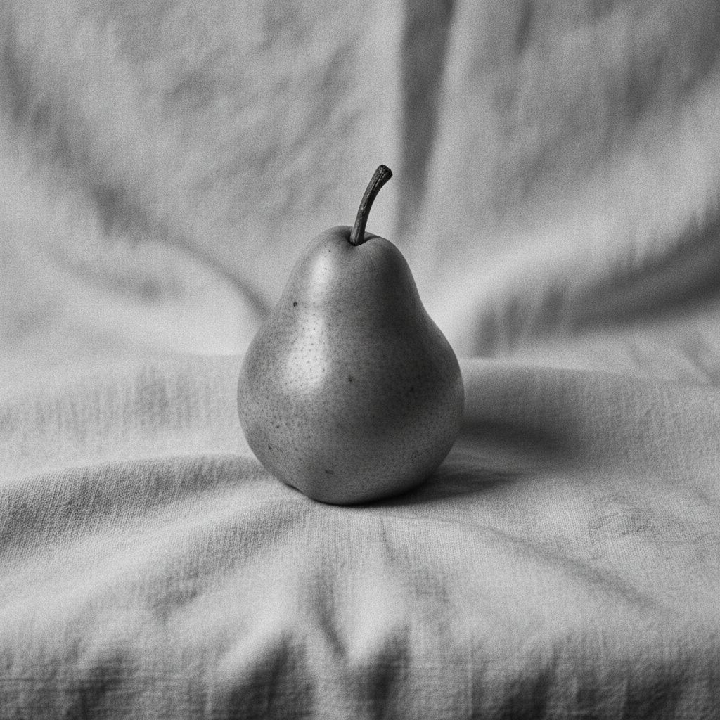A single ripe pear resting on rumpled linen, a quiet black-and-white still life