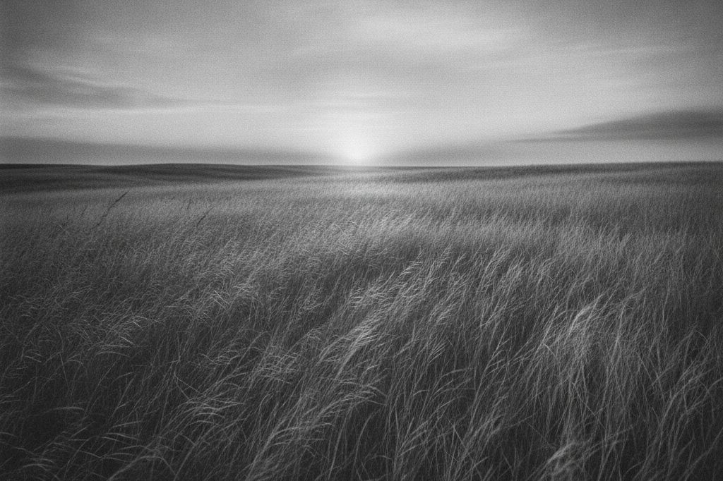 A wide field of wind-blown grass under a low sun near the horizon