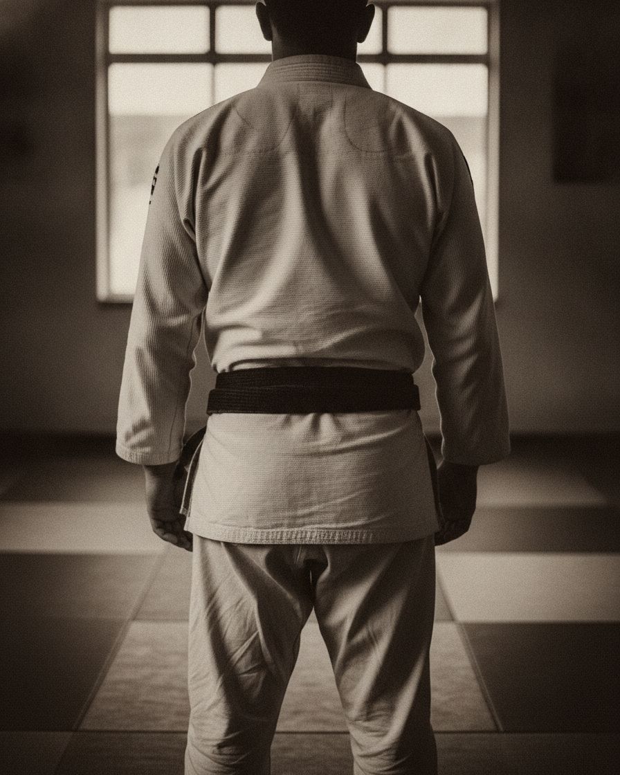 A gi-clad figure seen from behind, worn black belt knotted at the waist