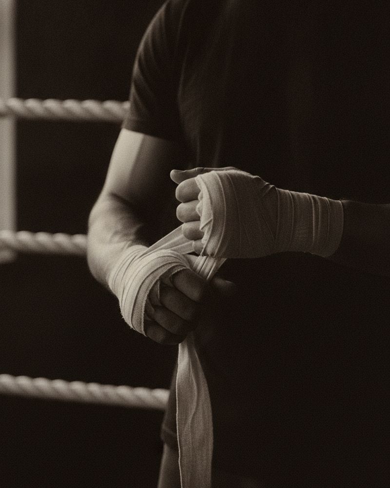 Cotton hand wraps being tightened at the edge of the ring