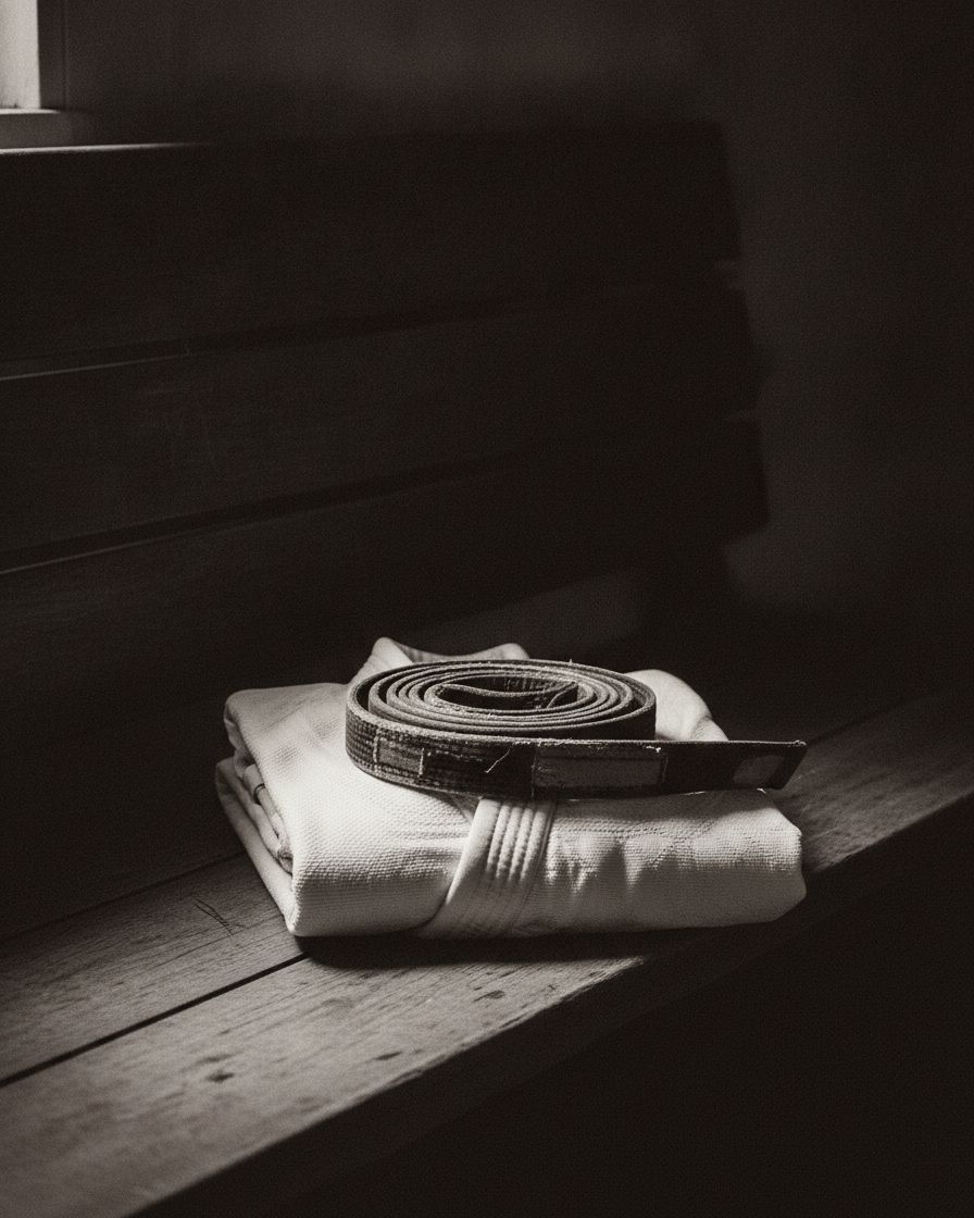 A folded gi with a frayed black belt coiled on top, on a wooden bench