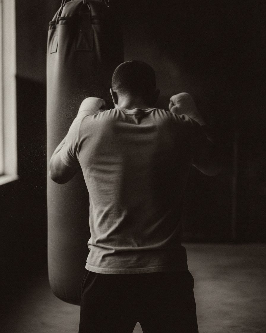 A fighter working the heavy bag, seen from behind