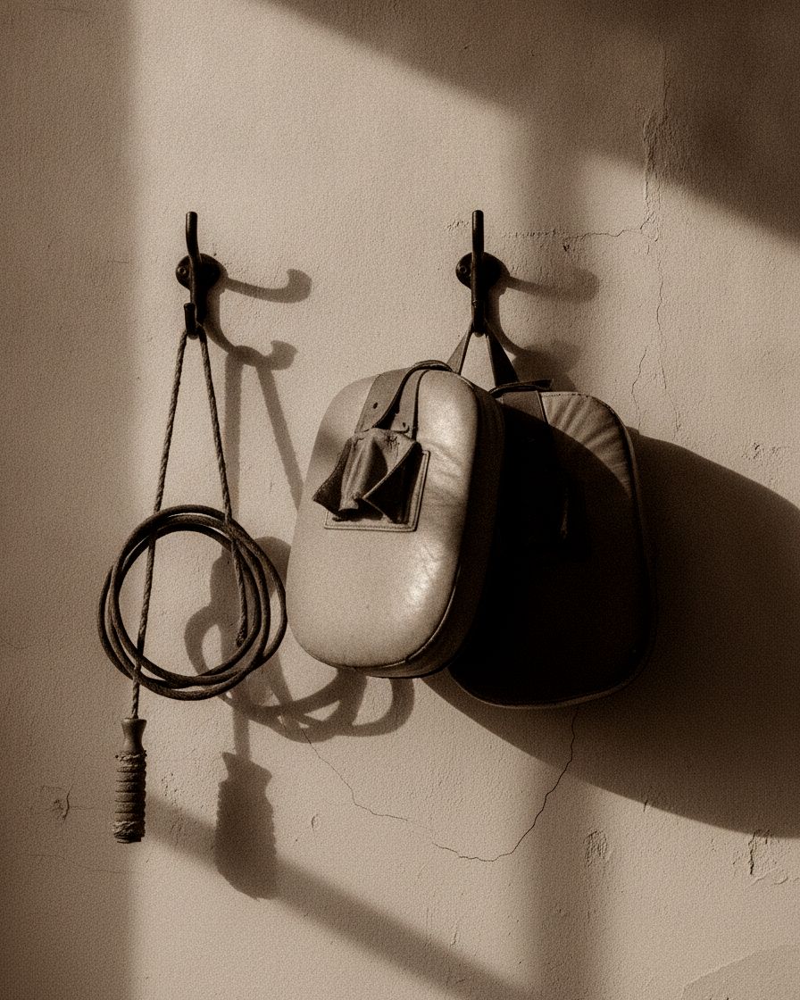 Worn Thai kick pads and a coiled skipping rope hanging on gym-wall hooks