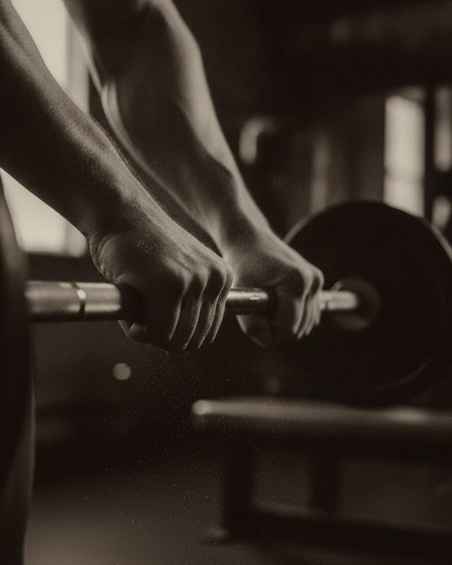 Chalk-covered hands gripping a barbell bar