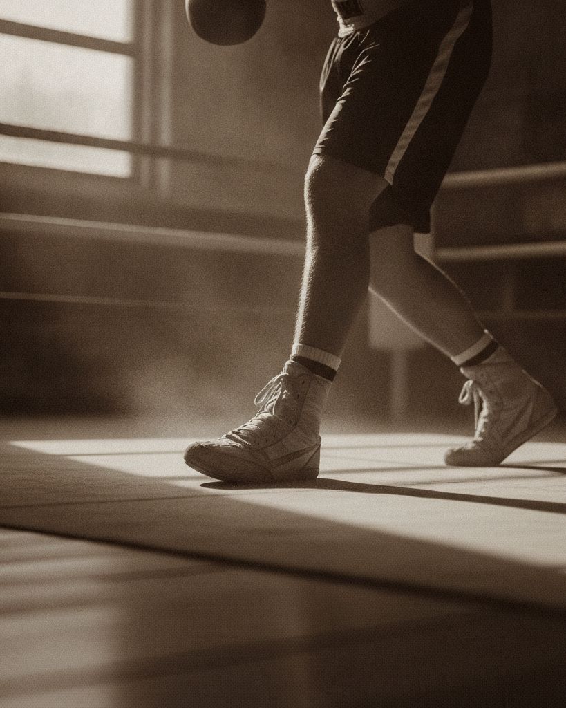 A fighter's boxing shoes pivoting on the canvas during footwork drills