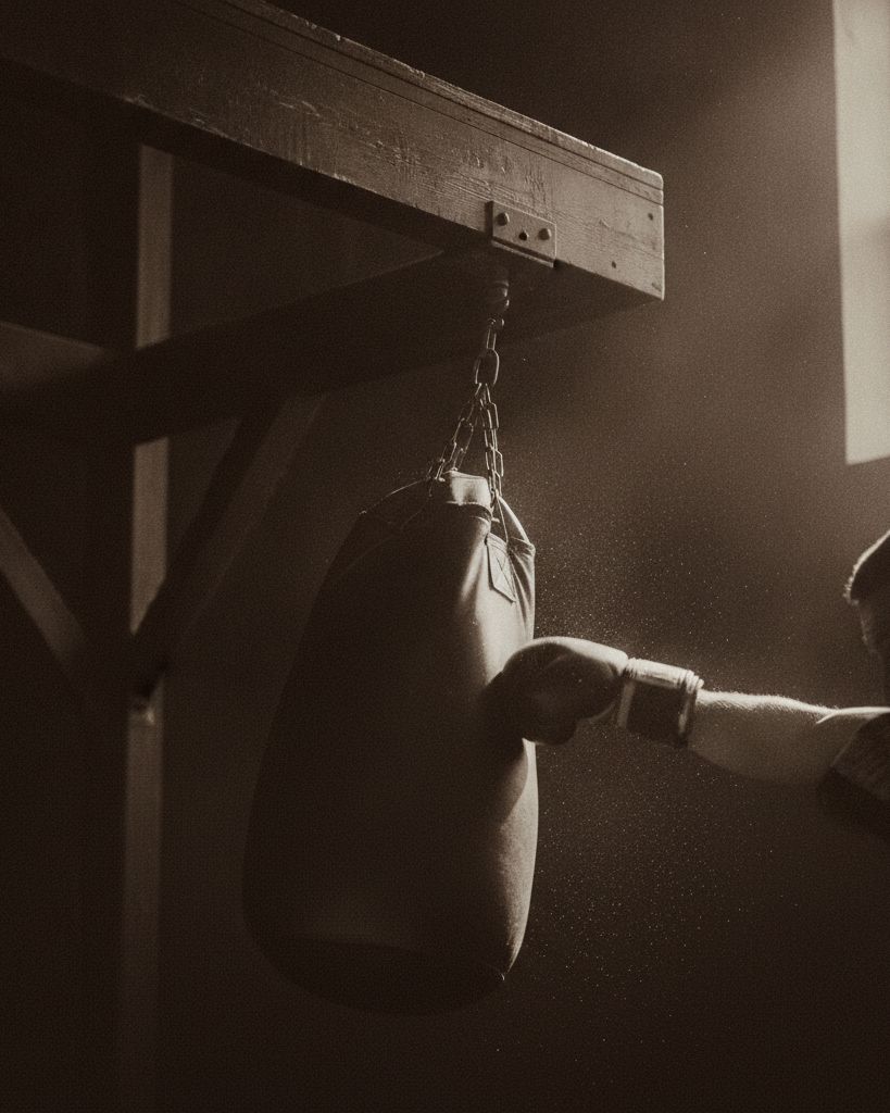 A speed bag mid-swing as a wrapped hand strikes it
