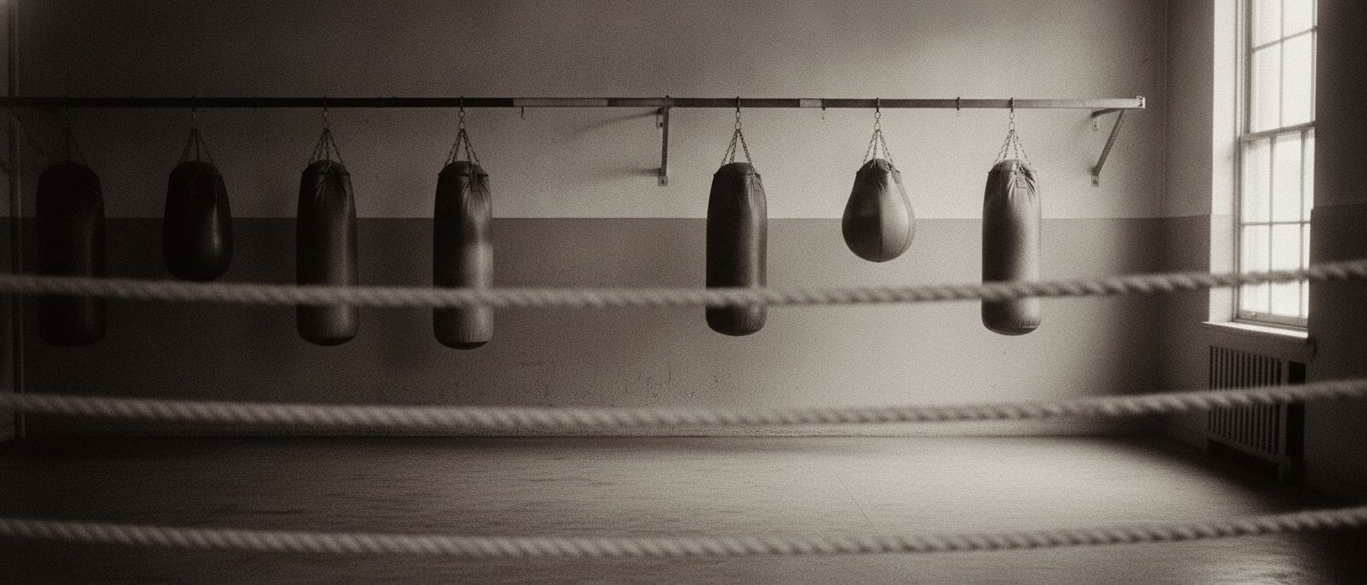 The gym floor: a row of worn heavy bags hanging in window light, seen through the ring ropes