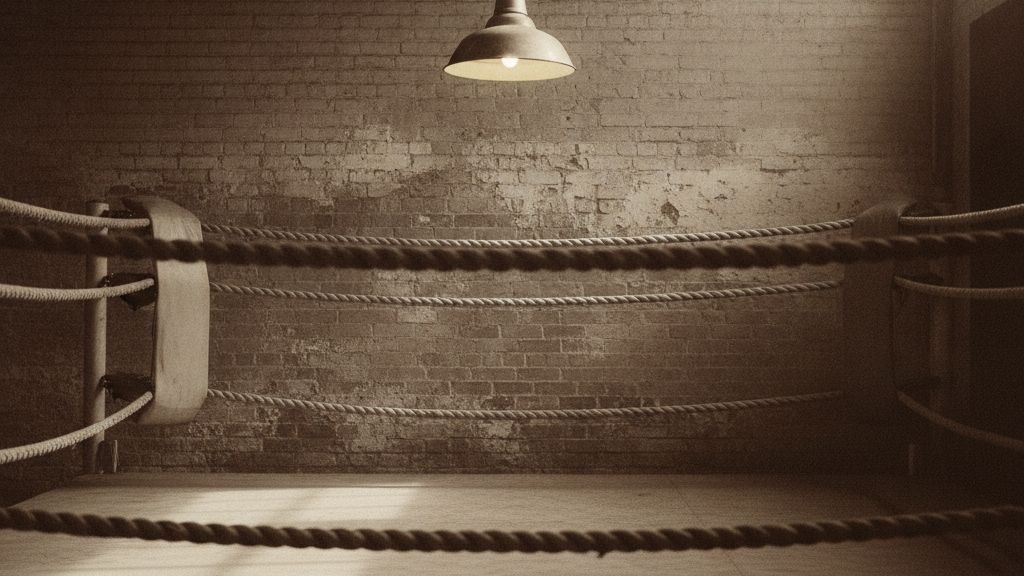 An empty boxing ring under a single low work-lamp, ropes crossing the foreground