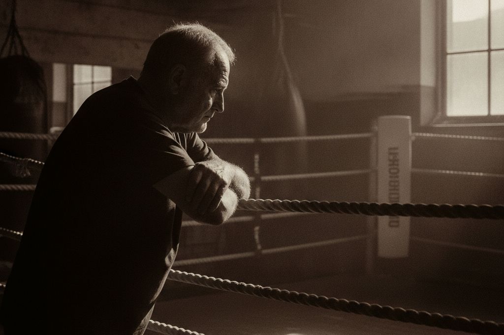 A veteran coach leaning on the ring ropes from the apron, watching the floor