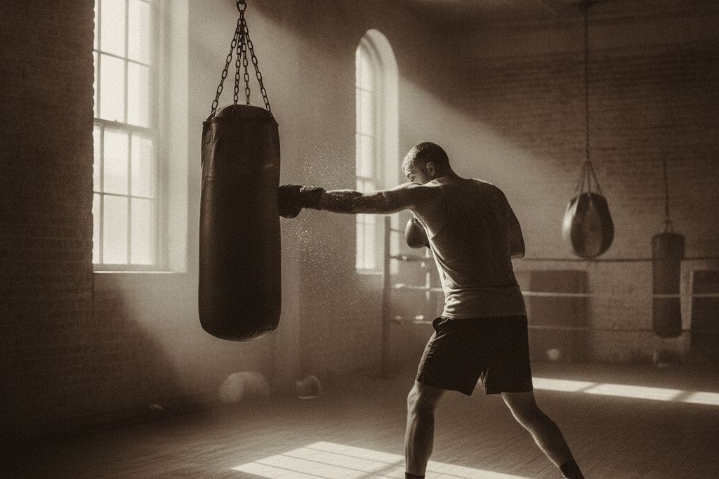 A boxer driving a straight right into a heavy bag in raking window light