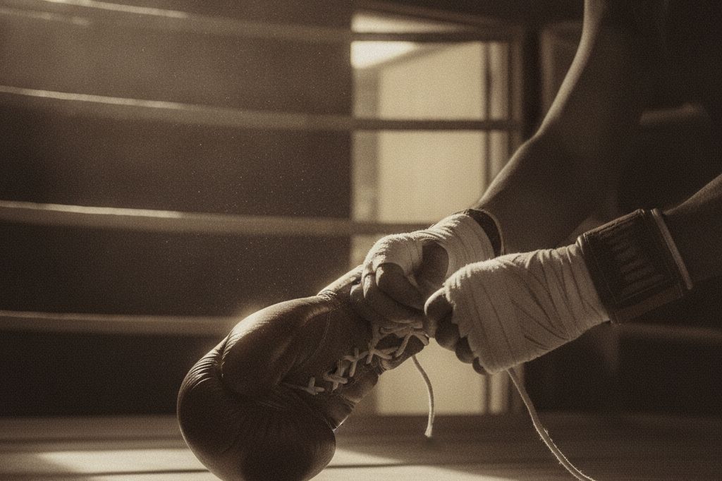 A fighter lacing up worn leather gloves at the edge of the ring apron, warm doorway light behind