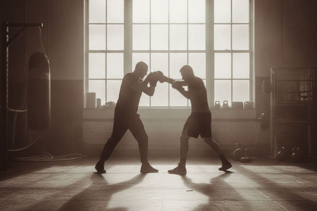 A coach holding focus mitts as a fighter throws a combination, silhouetted against a bright window