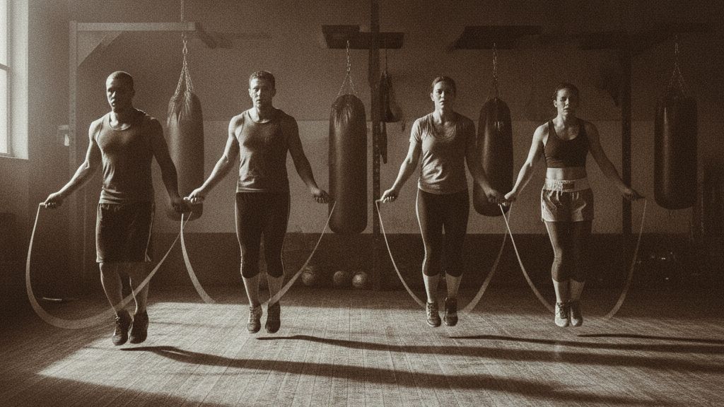A row of fighters skipping rope in unison in raking morning light